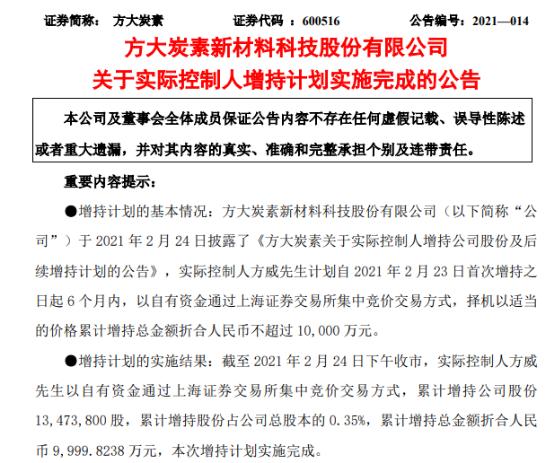 壕气十足！方大炭素实控人方威亿元增持计划火速完成