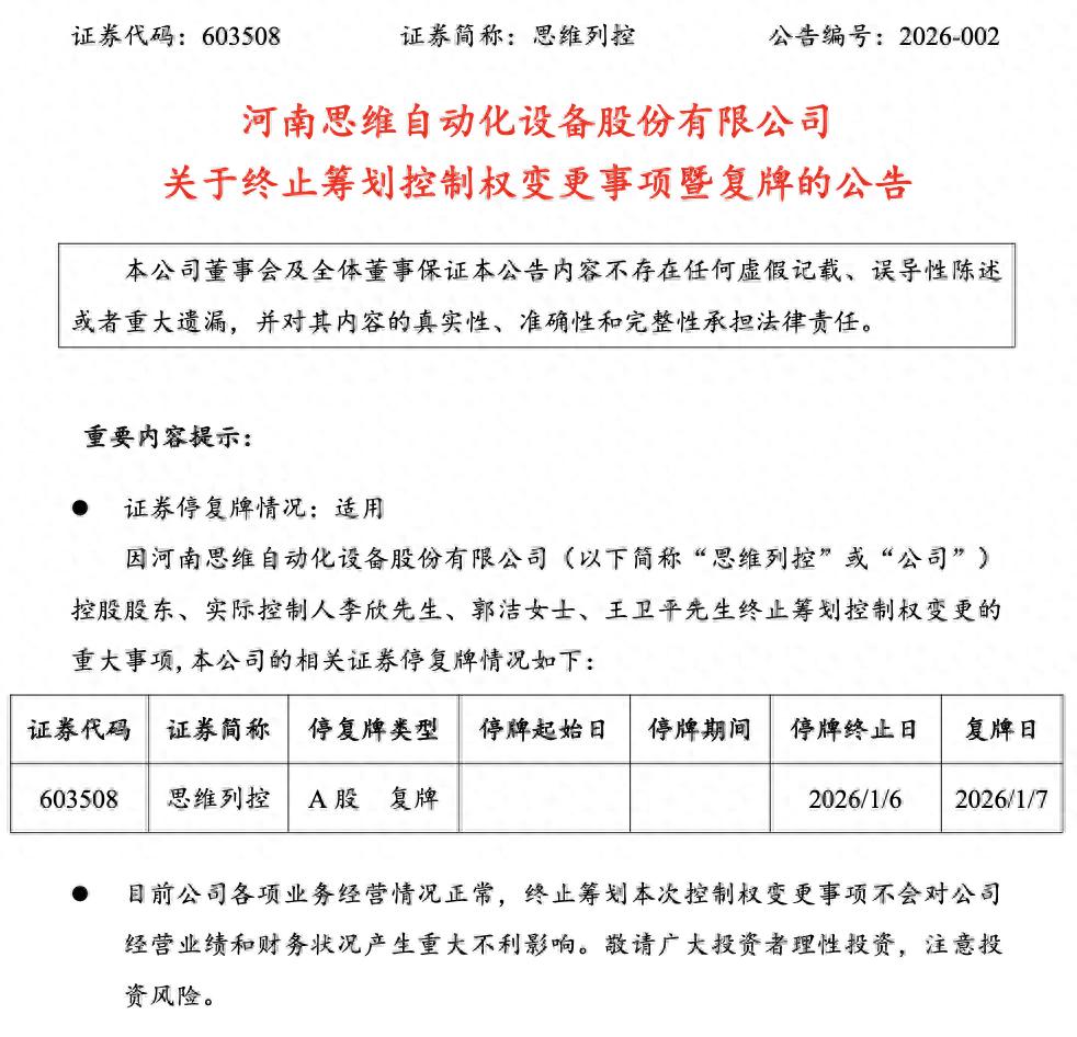 思维列控终止控制权变更事项，2026年1月7日已复牌